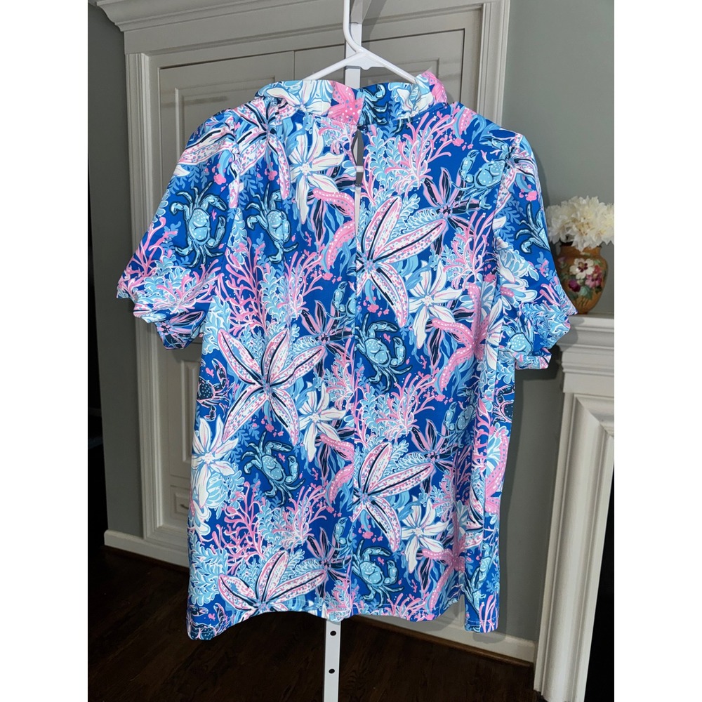 Simply Southern Ruffle Mock Neck Puff Sleeve Performance Top UPF 50+ Blue Pink L - Picture 6 of 8